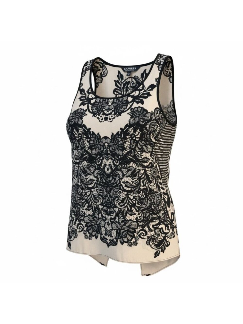NEW Express Split Back Tank Top Black Cream Baroque Lace Print Womens Medium